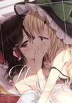  black_hair black_hat blonde_hair blush bow brown_eyes brown_hair camisole close-up collarbone commentary_request covering_mouth detached_sleeves earrings glint green_bow hair_bow hair_ribbon hair_tubes hakurei_reimu hand_on_another's_cheek hand_on_another's_face hat hat_bow highres implied_kiss jewelry kirisame_marisa large_bow long_hair looking_at_viewer multiple_girls nude red_bow ribbon sarashi strap_slip topless touhou toyosaki_shu witch_hat yellow_eyes yuri 