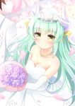  1girl absurdres agung_syaeful_anwar blush bouquet breasts cleavage closed_mouth collarbone dress elbow_gloves eyebrows_visible_through_hair fate/grand_order fate_(series) flower gloves green_hair highres holding holding_bouquet horns kiyohime_(fate/grand_order) large_breasts long_hair looking_at_viewer smile tiara wedding_dress white_gloves yellow_eyes 