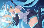  aqua_eyes beek blue_background blue_hair boots detached_sleeves hatsune_miku highres long_hair nail_polish skirt solo tattoo thigh_boots thighhighs twintails very_long_hair vocaloid 