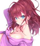  :3 arm_up blue_eyes blush breasts brown_hair cleavage collarbone commentary_request ichinose_shiki idolmaster idolmaster_cinderella_girls kurai_masaru large_breasts long_hair looking_at_viewer off_shoulder ponytail robe simple_background smile solo white_background 