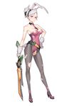  animal_ears bare_shoulders battle_bunny_riven belt black_legwear breasts bunny_ears bunny_tail bunnysuit carrot cleavage detached_collar fj_wu_cheng'en folded_ponytail full_body gloves hairband hand_on_hip high_heels highres large_breasts league_of_legends leotard looking_at_viewer loose_belt necktie pantyhose pink_leotard pink_neckwear red_eyes riven_(league_of_legends) short_hair silver_hair simple_background solo standing strapless strapless_leotard sword tail torn_clothes torn_legwear weapon white_background white_gloves 