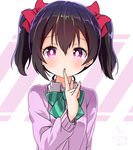  :o \m/ bangs black_hair bow bowtie cardigan commentary_request dated finger_to_mouth green_bow green_neckwear hair_between_eyes hair_bow long_sleeves looking_at_viewer love_live! love_live!_school_idol_project otonokizaka_school_uniform pink_cardigan red_bow red_eyes school_uniform shipii_(jigglypuff) solo striped striped_bow striped_neckwear twintails upper_body yazawa_nico 