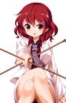  between_fingers crossed_legs drumsticks hair_between_eyes horikawa_raiko jacket looking_at_viewer necktie outstretched_arm plaid plaid_shirt red_eyes red_hair ruu_(tksymkw) shirt short_hair simple_background solo touhou white_background white_jacket 
