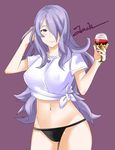  alcohol breasts camilla_(fire_emblem_if) covered_nipples cup drinking_glass fire_emblem fire_emblem_if hair_over_one_eye highres j@ck large_breasts long_hair looking_at_viewer panties pantyshot purple_hair signature simple_background solo underwear wine wine_glass 