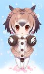  blue_background blush brown_coat brown_eyes brown_hair chibi coat demmy eurasian_eagle_owl_(kemono_friends) eyebrows_visible_through_hair floral_background full_body fur_trim gloves hair_between_eyes head_wings kemono_friends looking_at_viewer mary_janes multicolored_hair open_mouth outstretched_arms pantyhose shoes solo standing white_footwear white_gloves white_hair white_legwear 