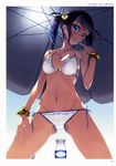  absurdres beach_umbrella bikini blue_eyes blue_hair breasts cleavage cowboy_shot frill_trim from_below hair_ornament head_tilt highres kotora_(toranoana) large_breasts looking_at_viewer looking_down murakami_suigun navel outdoors parted_lips pinky_out scan scrunchie short_twintails side-tie_bikini solo spread_legs sweat swimsuit toranoana twintails umbrella white_bikini wrist_scrunchie 