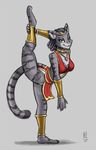  2017 anthro barefoot breasts cat chest_tuft claws clothed clothing digital_media_(artwork) feline female flexible fur green_eyes grey_fur hair heresy_(artist) jewelry khajiit looking_at_viewer mammal paws plantigrade simple_background skyrim smile solo stretching the_elder_scrolls tuft video_games 