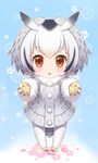  black_hair blonde_hair blue_background blush brown_eyes chibi demmy eyebrows_visible_through_hair floral_background full_body fur_trim gloves grey_coat hair_between_eyes head_wings kemono_friends looking_at_viewer mary_janes multicolored_hair northern_white-faced_owl_(kemono_friends) open_mouth outstretched_arms pantyhose shoes silver_hair solo standing white_legwear yellow_footwear yellow_gloves 