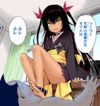  1girl anklet arm_support barefoot brown_hair choker dark_skin desk feet hair_ribbon long_hair master_nemesis parted_lips pov sitting soles to_love-ru to_love-ru_darkness toes translated twintails yellow_eyes yukata 