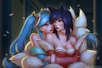  ahri animal_ears artist_name bare_shoulders black_hair blue_eyes blue_hair blush breasts cleavage collarbone colorized detached_sleeves feversea fox_ears fox_tail highres large_breasts league_of_legends long_hair looking_at_another multiple_girls nail_polish parted_lips patreon_username polkin red_nails smile sona_buvelle tail tumblr_username twintails watermark web_address yellow_eyes yuri 