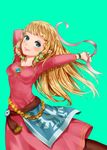  bangs blonde_hair blue_background blue_eyes blunt_bangs bracelet dress hair_ribbon highres holding holding_ribbon jewelry long_hair pink_dress pink_ribbon pointy_ears princess_zelda ribbon sidelocks smile solo the_legend_of_zelda the_legend_of_zelda:_skyward_sword wasabi_(legemd) 