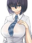  black_hair blue_eyes blue_neckwear blush bra bra_through_clothes breasts collared_shirt dress_shirt hand_on_own_chest large_breasts long_sleeves necktie original plaid plaid_neckwear sakura_inu see-through shirt short_hair simple_background sketch solo sweat underwear upper_body white_background white_bra white_shirt 