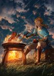  apple blonde_hair boots campfire cloud cooking crate dark dusk earrings egg fingerless_gloves fire food fruit gloves grass highres jewelry ladle link long_hair male_focus meat pointy_ears pouch sack shooting_star signature sitting sky solo the_legend_of_zelda the_legend_of_zelda:_breath_of_the_wild you_shimizu 