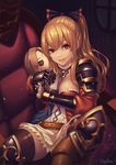  absurdres armor artist_name black_bow blonde_hair blush bow breasts brown_eyes chyffon cleavage granblue_fantasy hair_bow highres large_breasts looking_at_viewer parted_lips ponytail smile solo teeth vira_lilie 