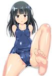  barefoot black_hair blush brown_eyes long_hair looking_at_viewer naka original school_swimsuit shiny shiny_clothes shiny_skin simple_background sitting solo swimsuit toes 