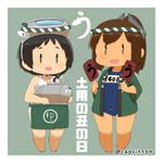  black_hair blush brown_hair capriccyo chibi commentary_request diving_mask diving_mask_on_head happi i-401_(kantai_collection) japanese_clothes kantai_collection maru-yu_(kantai_collection) multiple_girls one-piece_swimsuit pale_skin ponytail school_swimsuit short_hair simple_background standing swimsuit tan tanline |_| 