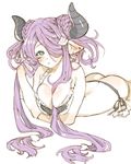  arutera ass banned_artist between_breasts bikini blue_eyes blush braid breasts butt_crack double_bun draph eyebrows_visible_through_hair frilled_bikini frills granblue_fantasy hair_between_breasts hair_over_one_eye highres horns large_breasts long_hair looking_at_viewer lying narmaya_(granblue_fantasy) on_stomach parted_lips pointy_ears purple_hair simple_background solo swimsuit very_long_hair white_background white_bikini 