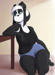 2017 bear blue_eyes clothing female mammal panda pose shorts sitting skecchiart solo table 