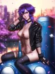  1girl ayya_saparniyazova breasts cherry_blossoms choker cleavage fingerless_gloves ghost_in_the_shell ghost_in_the_shell_stand_alone_complex gloves hand_on_own_face jacket kusanagi_motoko lips looking_at_viewer medium_breasts nail_polish navel nipples purple_hair red_eyes short_hair sitting smile solo tachikoma thighhighs 