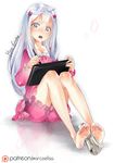  1girl :o artist bangs barefoot blue_eyes blush bow breasts cintiq collarbone drawing eromanga_sensei eyebrows_visible_through_hair izumi_sagiri long_hair looking_at_viewer mirco_gravina mircoelisa newspaper open_mouth pajamas parted_lips patreon_username pink_bow purple_hair ribbon silver_hair small_breasts solo tagme thighs watermark 