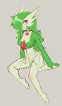  1girl absurdres arm_support breasts choker erect_nipples feet ful_body gardevoir green_hair grey_background hair_over_one_eye heart legs_apart long_hair looking_up medium_breasts no_humans pokemon pokemon_(creature) pokemon_rse red_eyes saladbomb simple_background sitting smile solo 