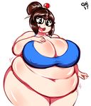  1girl belly black_eyes breasts brown_hair character_request cleavage erect_nipples fat glasses huge_breasts open_mouth overwatch smile solo tagme tongue 