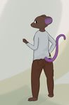  clothing female kaiberu looking_at_viewer looking_back mammal mouse pants rodent simple_background standing 
