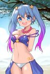  arcade_sona bad_id bad_pixiv_id blue_eyes blue_hair blush breasts cleavage collarbone eyebrows_visible_through_hair hand_on_own_chest highres jewelry large_breasts league_of_legends lee_seok_ho looking_at_viewer multicolored_hair navel necklace open_mouth purple_hair signature smile solo sona_buvelle twintails two-tone_hair 