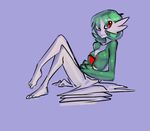  1girl breasts feet full_body gardevoir green_hair hands_together highres legs_crossed looking_away looking_to_the_side no_humans pokemon pokemon_(creature) pokemon_rse purple_background red_eyes saladbomb short_hair simple_background sitting small_breasts smile solo 
