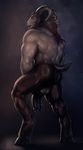  anthro balls big_penis bovine flaccid horn humanoid_penis looking_back male mammal minotaur muscular open_mouth partially_retracted_foreskin penis rakisha solo standing uncut 