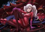  1girl blonde_hair blue_hair bodysuit breasts carmen_(persona_5) chyffon cleavage dress earrings fake_tail familiar full_body gloves hair_ornament hairclip holding latex_suit looking_at_viewer mask medium_breasts out_of_frame persona persona_5 petals sitting tail takamaki_anne thigh_boots twintails vines zipper 