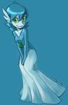  1girl ahoge alternate_color blue_background blue_hair breasts full_body gardevoir green_eyes hands_together leaning_forward looking_at_viewer no_humans pokemon pokemon_(creature) pokemon_rse saladbomb shiny_pokemon short_hair simple_background small_breasts smile solo standing teeth 
