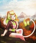  anthro autumn cloud dannyckoo female forest hi_res lagomorph leaf mammal mountain rabbit sitting sky smile solo tree 