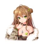  1girl 2girls absurdres bangs bare_shoulders black_choker bloody0rabby blush bow breasts brown_dress brown_hair brown_jacket camouflage_jacket choker cleavage closed_mouth collarbone double_bun dress eyebrows_visible_through_hair fingernails fur-trimmed_jacket fur_trim girls_frontline green_bow green_eyes hair_between_eyes hair_bow hand_up head_tilt highres jacket long_sleeves looking_at_viewer medium_breasts multiple_girls nail_polish off_shoulder pink_nails rfb_(girls_frontline) side_bun simple_background smile white_background 