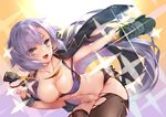  33_(mkiiiiii) bent_over black_legwear blush breasts cleavage collarbone eyebrows_visible_through_hair fang highres large_breasts looking_at_viewer navel open_mouth pantyhose purple_eyes purple_hair short_hair smile solo torn_clothes torn_legwear zhanchang_shuang_mawei 