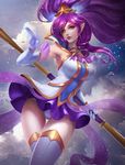  breasts cloud elbow_gloves janna_windforce large_breasts league_of_legends magical_girl pantyhsot ponytail purple_eyes purple_hair school_uniform serafuku skirt sky staff star_guardian_janna 