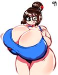  1girl breasts brown_eyes brown_hair character_request cleavage curvy erect_nipples gigantic_breasts glasses looking_at_viewer one_eye_closed overwatch plump smile solo tagme thick_thighs tongue tongue_out wide_hips 