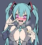  1girl \m/ aqua_hair areola_slip areolae blush breasts cleavage detached_sleeves erect_nipples grey_background hatsune_miku large_breasts long_hair looking_at_viewer necktie open_clothes open_mouth pink_eyes sanagi_semi simple_background solo tongue_out twintails upper_body vocaloid 