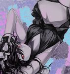  alternate_eye_color arms_up bangs black_dress black_gloves dress fingerless_gloves floral_background gloves hair_between_eyes halter_dress kantai_collection long_hair looking_at_viewer lying messy_hair on_back parted_lips rayvon shigure_(kantai_collection) solo upside-down 
