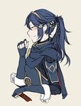  alternate_hairstyle blue_hair blush braid caericanvas cape closed_eyes daisy fingerless_gloves fire_emblem fire_emblem:_kakusei flower gloves hair_ornament lucina pauldrons ponytail profile simple_background smile solo tiara 