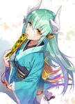  blush fan fate/grand_order fate_(series) folding_fan green_hair horns japanese_clothes kimono kiyohime_(fate/grand_order) long_hair looking_at_viewer shirako_miso smile solo yellow_eyes 