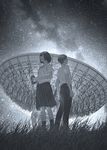  1girl back-to-back binoculars grass greyscale halftone halftone_background highres long_pants milky_way monochrome namito night night_sky original outdoors pants pleated_skirt radio_telescope short_hair short_sleeves skirt sky standing star_(sky) starry_sky 