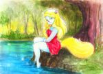  animaniacs anthro blonde_hair clothing dress female flower hair lake looking_at_viewer mammal minerva_mink mink mustelid nikyshouse plant smile solo 