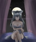  animal_ears azsesaliaz_(chayanthorn) bare_shoulders black_hair blue_eyes breasts cleavage closed_mouth collarbone crossed_legs dark dress expressionless full_moon grey_wolf_(kemono_friends) heterochromia highres indoors kemono_friends large_breasts long_hair looking_at_viewer moon multicolored_hair night solo star star_(sky) tail two-tone_hair wolf_ears wolf_tail yellow_eyes 