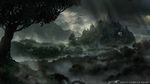  bridge city cloud cloudy_sky commentary concept_art copyright_name dark death_end_re;quest depth_of_field fantasy fog forest landscape light_rays mountain nature no_humans original scenery signature sky tree water waterfall you_shimizu 