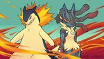  ambiguous_gender blue_fur fur mega_evolution mega_lucario nintendo pok&eacute;mon red_eyes spikes typhlosion video_games yellow_fur 