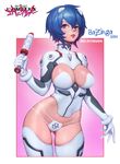  2017 adapted_costume artist_name ass_visible_through_thighs ayanami_rei bazinga blue_hair breasts character_name cleavage copyright_name dated highres large_breasts neon_genesis_evangelion plugsuit short_hair solo thigh_gap thighhighs thong 