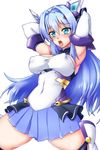  1girl armpits arms_up bangs blue_eyes blue_hair breasts cowboy_shot detached_sleeves elbow_gloves erect_nipples exstia eyebrows_visible_through_hair hair_between_eyes hair_ornament headgear katsuragi_marina kouyoku_senki_exs-tia large_breasts long_hair open_mouth sanagi_semi showgirl_skirt sidelocks simple_background skirt solo thighhighs white_background 