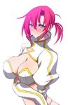  blush boudica_(fate/grand_order) breasts cleavage fate/grand_order fate_(series) highres himo huge_breasts looking_at_viewer midriff ponytail red_hair shrug_(clothing) simple_background smile solo white_background 