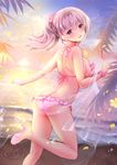  ass blush breasts eyebrows_visible_through_hair high_heels large_breasts looking_at_viewer mafuyu original parted_lips purple_eyes short_hair short_ponytail sideboob silver_hair smile solo swimsuit yuuri_(mafuyu) 